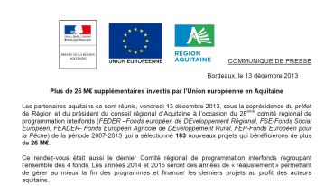 13/12/2013 - Conseil Régional d'Aquitaine - Plus de 26 M€ supplémentaires investis par l’Union européenne en Aquitaine